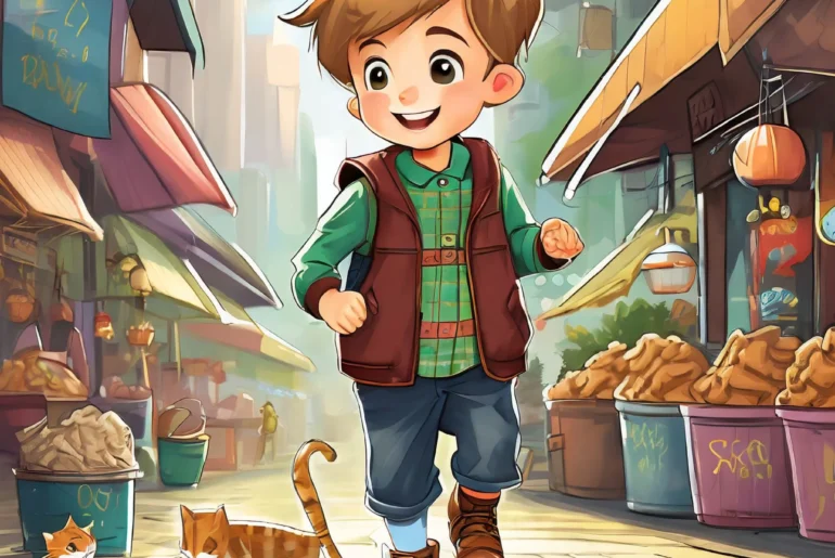 little young boy playing with cats made by midjouney prompt for cartoons